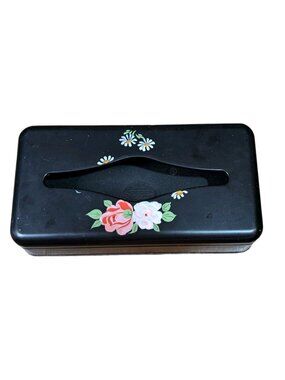 Vtg Ransburg Black Metal Tissue Box Holder Hand Painted Wall Mount MCM Cottage